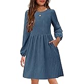 YOVION Girls Knit Dress Crew Neck Long Sleeve Plain A-Line Fall Casual Dresses with Pockets for 6-12 Y