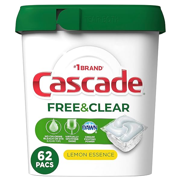 CASCADE FREE & CLEAR ACTIONPACS, DISHWASHER DETERGENT, LEMON ESSENCE, DISHWASHER SOAP, DISHWASHER PODS, 62 COUNT