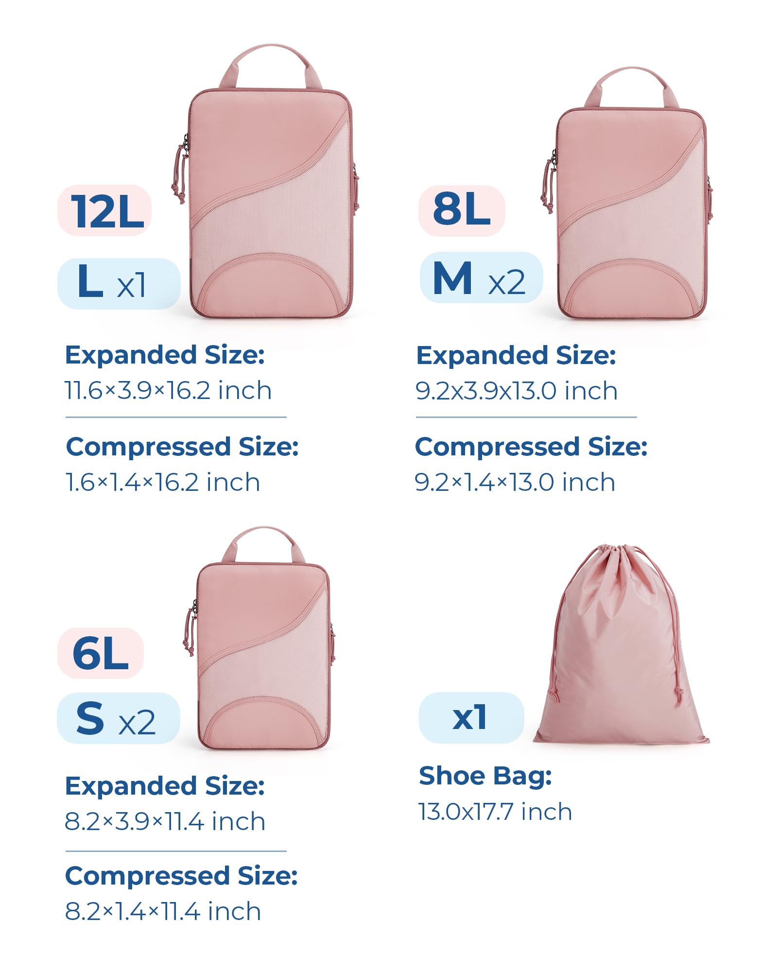 BAGSMART Compression Packing Cubes - 6 Set Travel Packing Cubes for Suitcases, Compression Suitcase Organizers with Shoe Bag