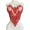 ESOSZNUA Handmade Rhinestones Beads Applique sew on Crystal Sequins lace Trim Patches Accessories for Dress Clothing Shiny Bead Decorative Material 15.7X15.9inches (Red)
