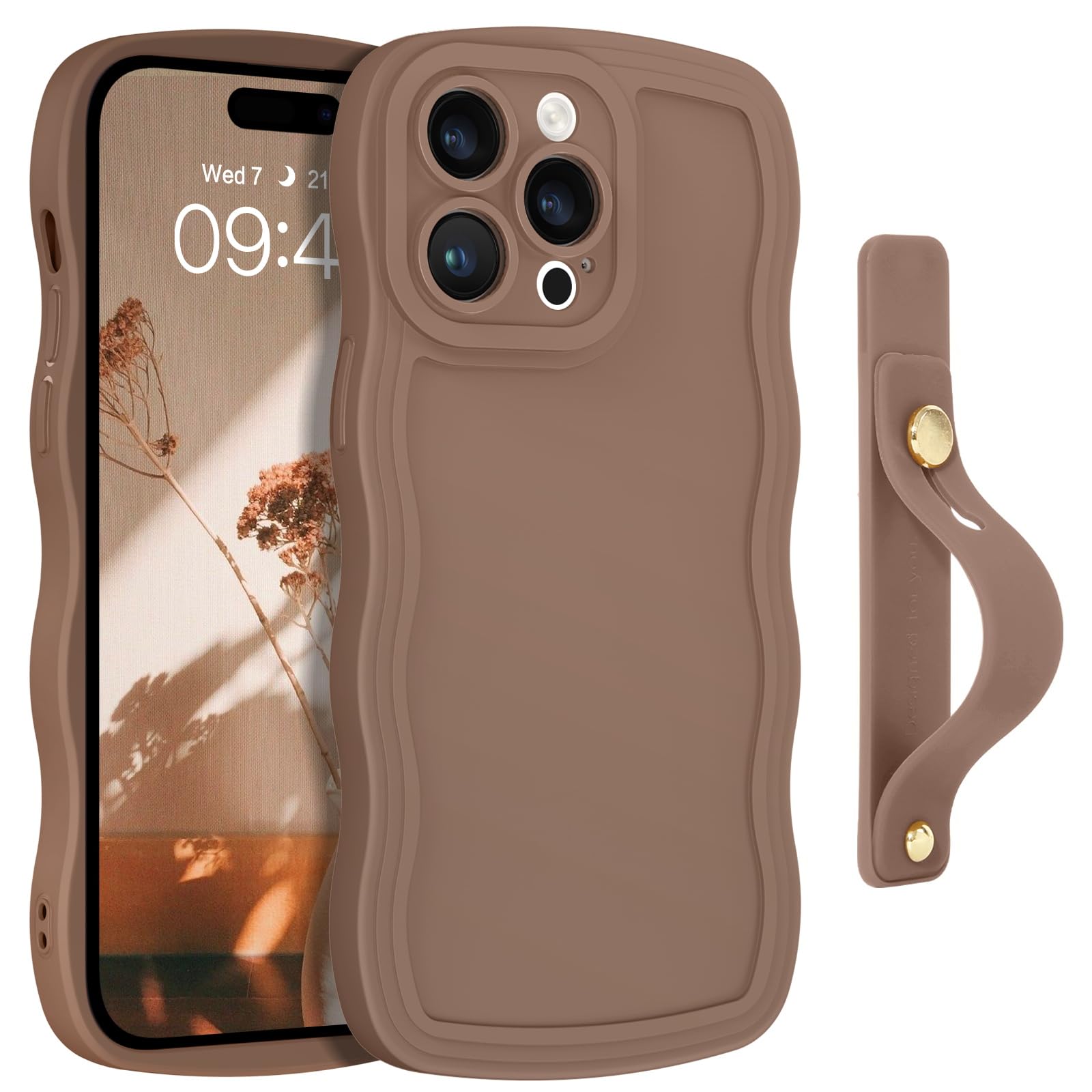 GUAGUA for iPhone 14 Pro Max Case with Wrist Strap, Cute Curly Wave Phone Case iPhone 14 Pro Max with Adjustable Wristband Kickstand Shockproof Anti Slip Phone Case for iPhone 14 Pro Max 6.7'', Brown