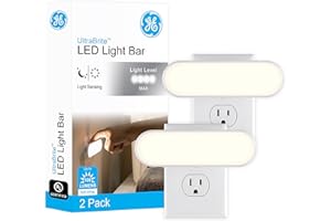 GE Ultrabrite LED Light Bar Night Lights Plug Into Wall Room Decor Ambient Lighting Dusk to Dawn Sensor Bright Nightlight, White, 100 Lumens, 2 Pack