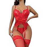 AOKIYURI Sexy Lingerie for Women Floral Lace Garter Bustier Lingerie Set with lingerie with garter and stockings