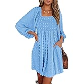 BTFBM Womens Long Sleeve Dress Vacation Square Neck Smocked Floral Swiss Dot Mini Boho Spring Wedding Guest Dresses 2026