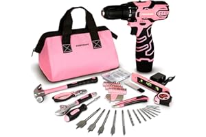COMOWARE 12V Cordless Drill Set, Pink Hand Tool Set with Cordless Drill Driver, Complete Repair Tool Kit for Women, Storage Bag, Ideal for Office, Garden, Dorm and DIY Project