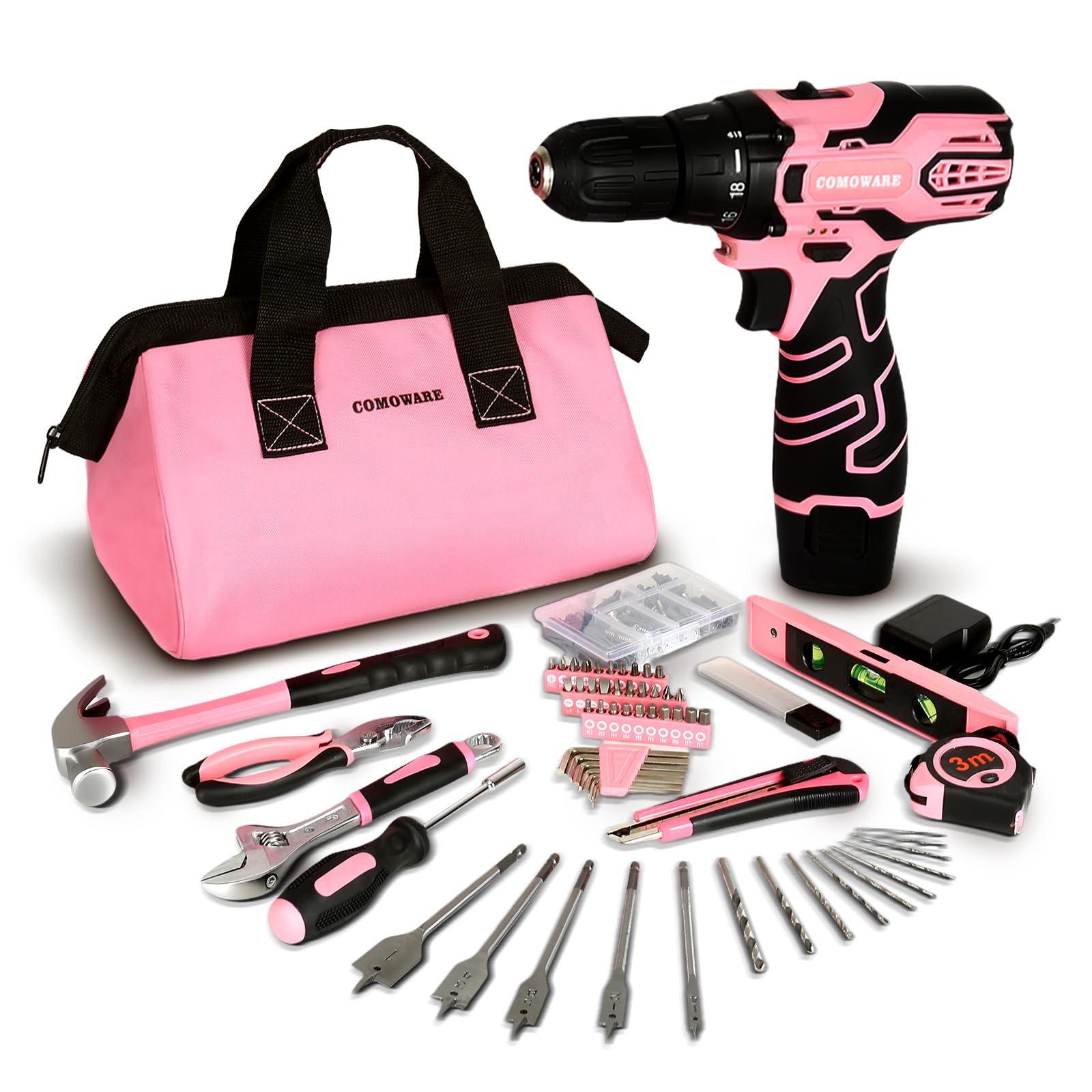 COMOWARE 12V Pink Cordless Drill Home Tool Kit, Pink Drill Set for Women, Lady's Home Repairing Tool Kit Hand Tool Set for DIY Large-Capacity Tool Storage Bag Included