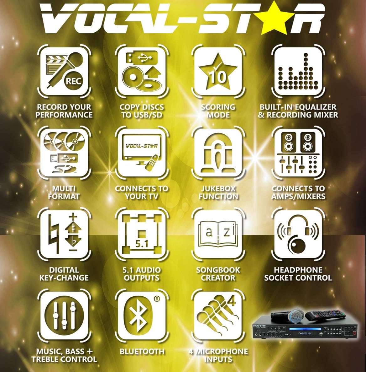 VocalStar VS=1200 HDMI Karaoke Machine With Bluetooth, Including 2