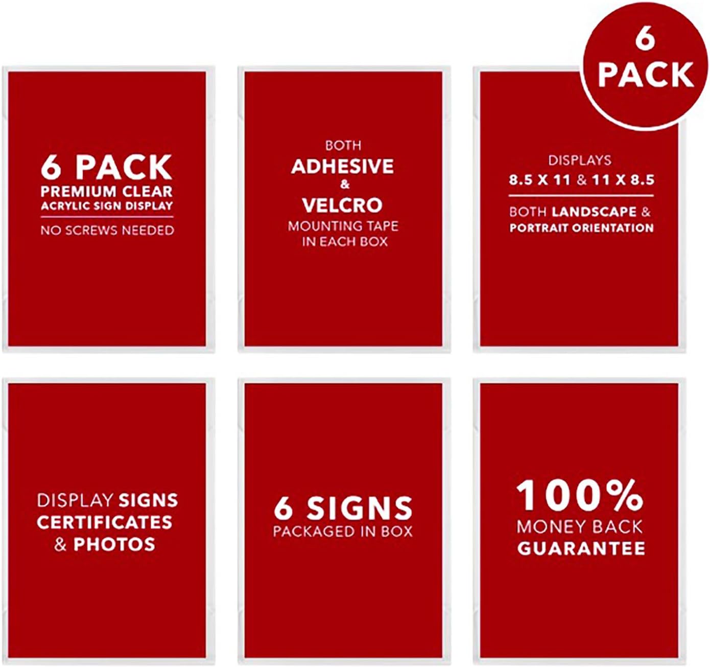 Premium Acrylic Sign Holders Wall Mount Displays with both permanent Adhesive and removable Hook and Loop tape in every Pack No Screws needed (6 pack)