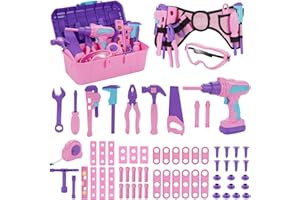 MAYSIDA Kids Tool Set, 67 PCS Pink Kids Tool Box for Girls, Electronic Toy Drill&Tape Measure, Pretend Play Girls Toys Construction Tools Kit & Belt, Christmas Birthday Gift Ideas Toddler Tool Set Age 3 4 5+