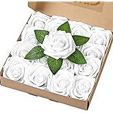 BLEUM CADE 16Pcs Artificial Flowers Fake Roses with Stems, White Boxed Foam Roses for DIY Bouquets Centerpieces Wedding Party Arrangement Bridal Shower Decor
