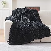 Lotus Karen Faux Fur Throw Blanket - Stripe Faux Rabbit Fur Blanket for Couch, Cozy Soft Fluffy Fuzzy Blanket, Warm Thick Furry Plush Shaggy Small Blankets for Women, Black,50x60 Inches