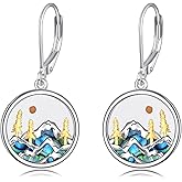 Mountain Earrings Gifts Sterling Silver Abalone Sun Mountain and Tree Dangle Earrings Nature Jewelry Gift for Skiers, Hikers, Campers, Climbers,Nature Lovers