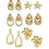 AIDSOTOU 6 Pairs Chunky Gold Earrings For Women Trendy Statement Gold Plated Flower Shell knot Dangle Earrings Lightweight Hypoallergenic Fashion Jewelry Set