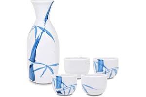 Mino Ware Traditional Japanese Sake Set, Tokkuri Bottle and 4 Ochoko Cups, White Nashijidake