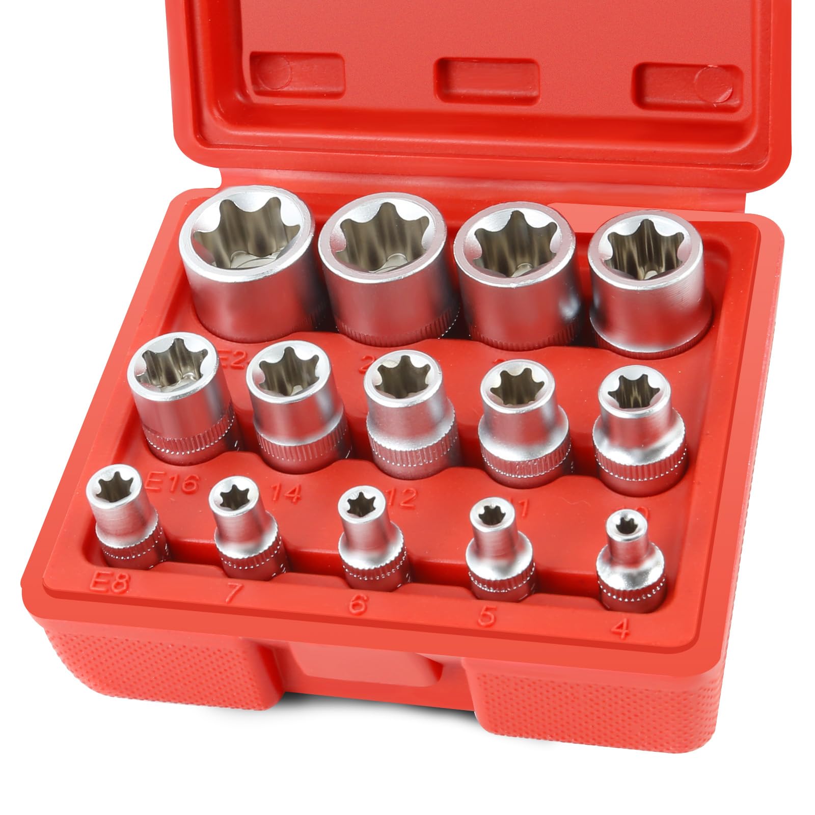 FIFIBANG 14-Piece E-Torx Star Socket Set, E4 - E24 Profile Sockets, E-TORX Female Star Sockets with Case 1/2", 1/4", 3/8" (Red)