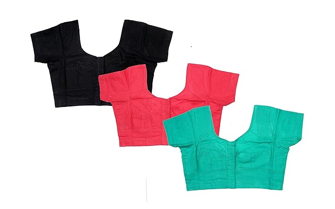 DITI'S Round neck readymade short sleeve non padded cotton ready to wear regular saree blouse (BLACK,TOMATO,SREE GREEN) (pack of 3)