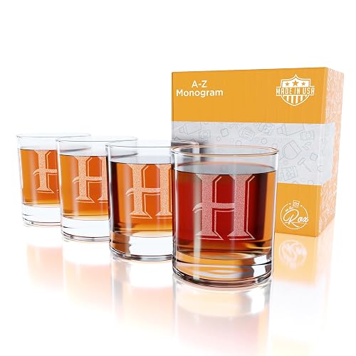 On The Rox [H-Monogram] - 4 Piece Set of 11 Ounce Engraved Heavy Base ...