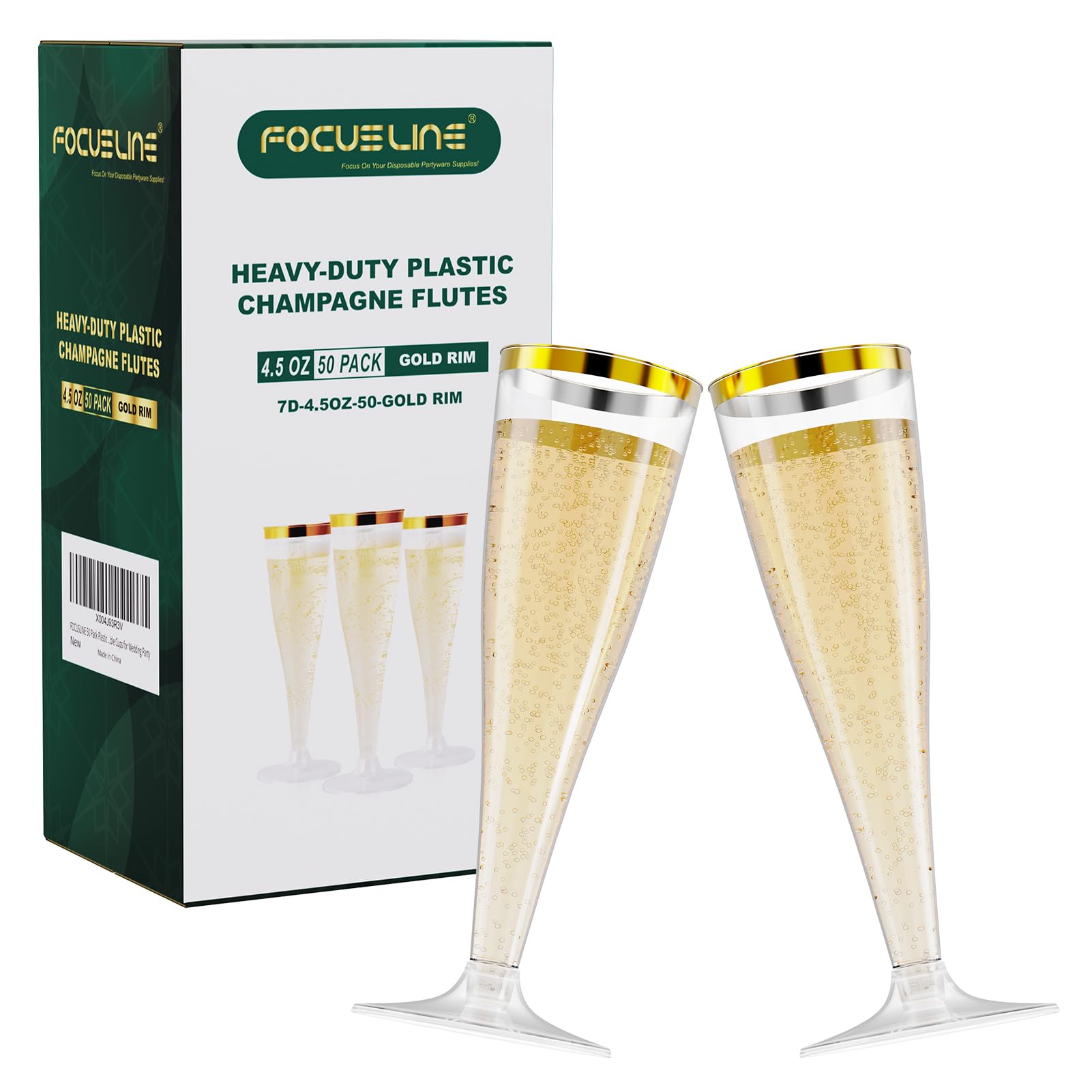 Photo 1 of FOCUSLINE 50 Pack Plastic Champagne Flutes, 4.5 Oz Gold Rim Disposable Champagne Glasses for Wine, Cocktails, Mimosas, Disposable Clear Toasting Glasses, Perfect for Parties and Any Celebrations