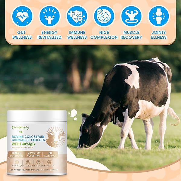GREENPEOPLE BOVINE COLOSTRUM TABLETS CHEWABLE, 40% IGG | COLOSTRUM SUPPLEMENT FOR IMMUNE SUPPORT, GUT HEALTH | 120 COUNT