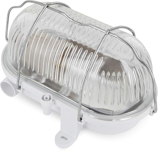 Kellerlampe Bulkhead E27 IP54 weiß - Glasabdeckung - Metallgitter - max. 60W - Made in EU