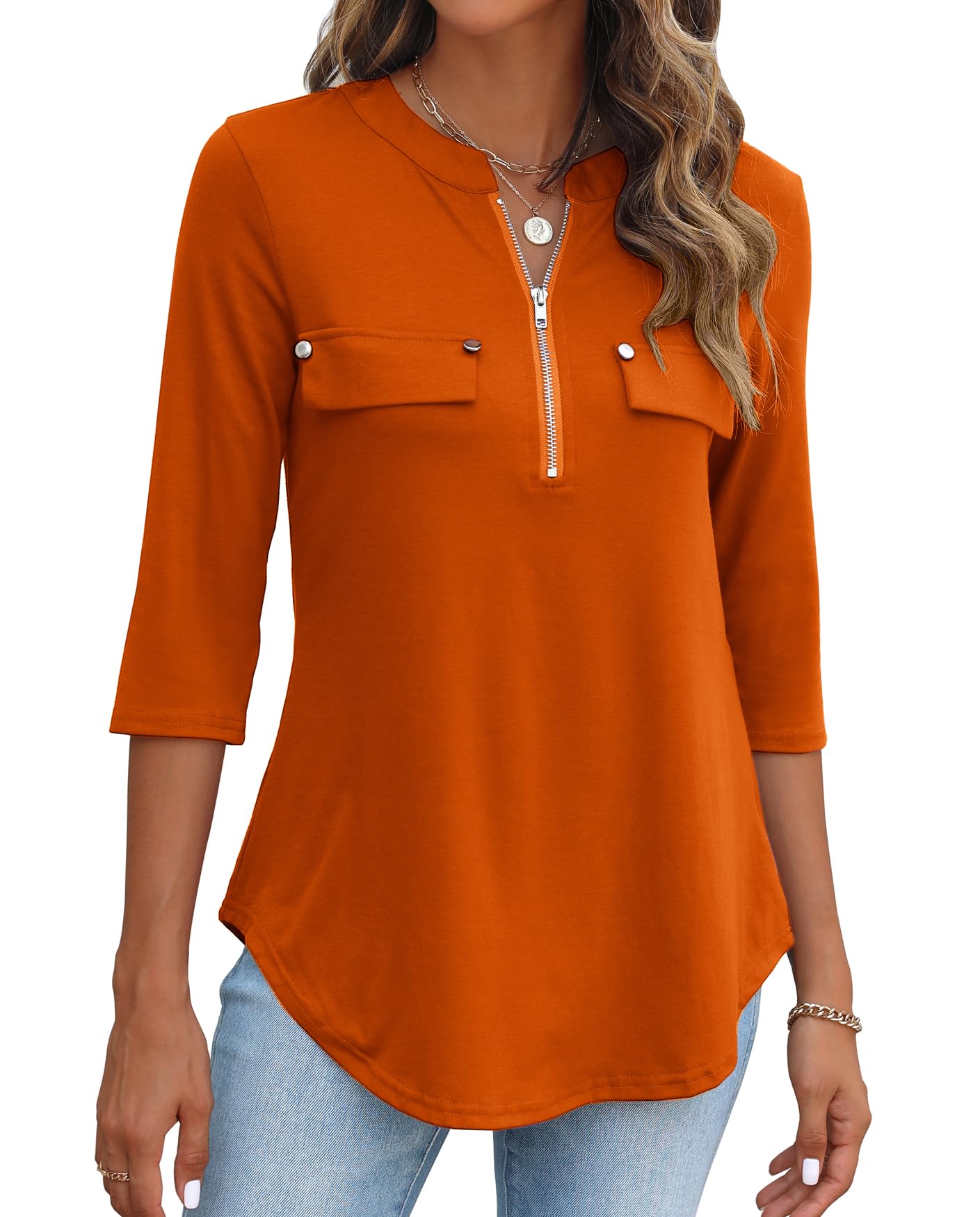 Halife 3/4 Length Sleeve Womens Tops Casual Flowy V