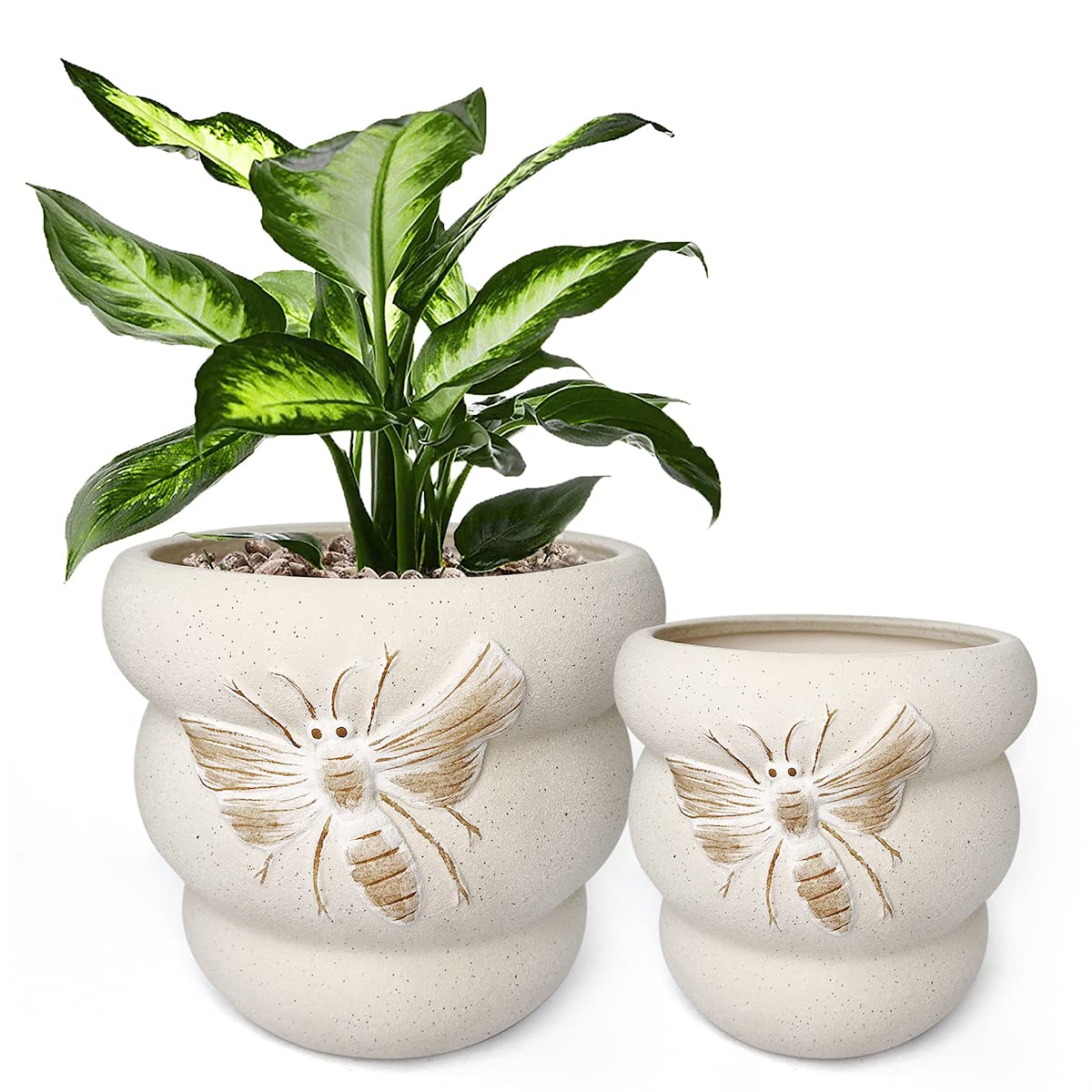 YBX YIBOXUAN Terracotta Pots with Drainage Holes Bee Decor, Ceramic Pots for Indoor Plants Flower Pots Outdoor, Succulent, Herbs, Snake Plants (Beige, 8+6 Inch) Image