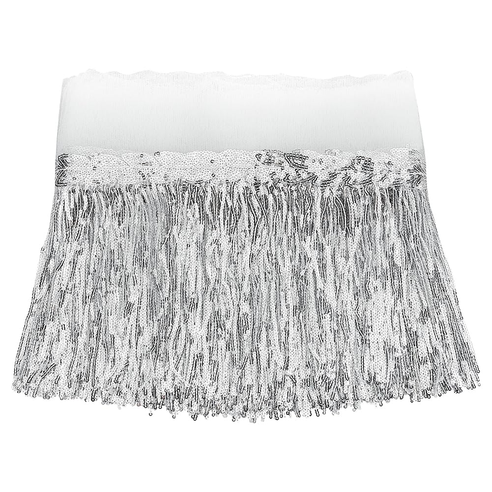 MAYJOYDIY 9.1m Silver Sequin Sewing Fringe Trim 33cm Wide Sparkling Sequins Lace Tassel Fringe Trim with Leaf Shape Embellishment for Latin Dance Stage Costume Dress Sewing Crafts Party Decors