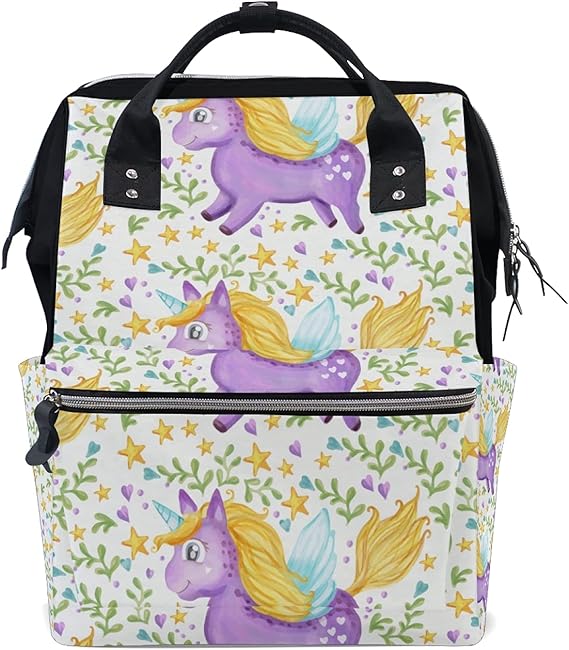 Purple Unicorn Diaper Bag Backpack Mom Bag Casual Lightweight Large