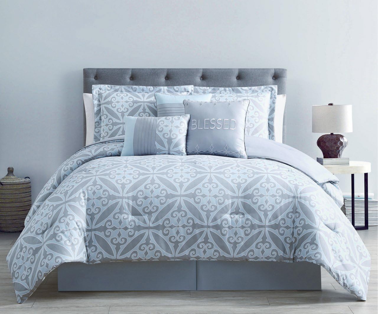 7 Piece Bella Ice Blue/Silver Comforter Set King Home