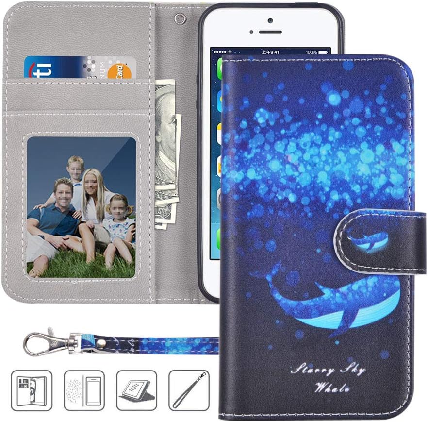 iPhone 5S Wallet Case,iPhone 5 Wallet Case,iPhone SE Wallet Case,MagicSky Premium PU Leather Flip Folio Case Cover with Wrist Strap,Card Slots,Cash Pocket,Kickstand for Apple iPhone 5S/5/SE(Whale)