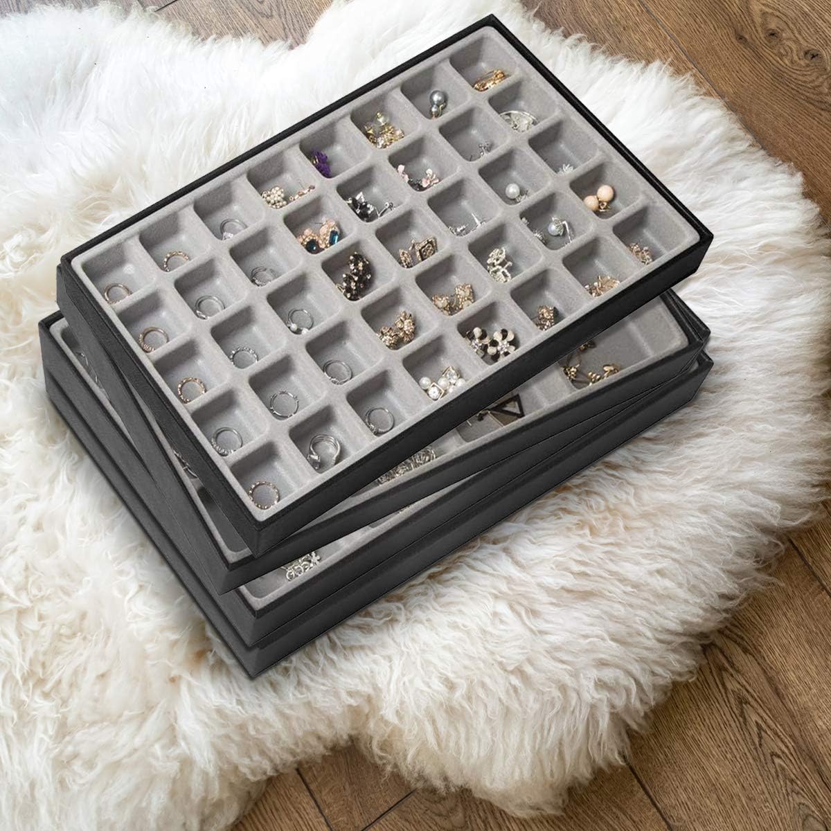 JackCubeDesign Stackable Synthetic Leather Jewelry Tray Earring Necklace Bracelet Ring Organizer Display Storage Box(Set of 4, Black, 16 x 9.6 x 1.6 inches for 1 unit)- :MK212-1ABCD: Home Improvement
