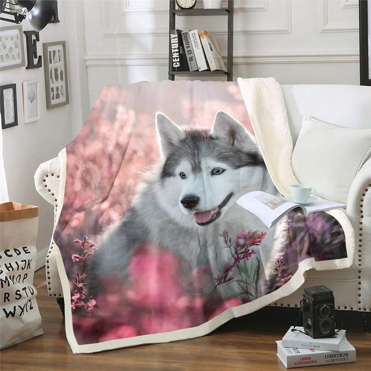 Cute Dog Sherpa Blanket Siberian Husky Fleece Throw Blanket Girls Botanical Branches Pet Animal Plush Blanket Pink Floral Field Fuzzy Blanket for Sofa Bed Couch,Single 50x60 Inch