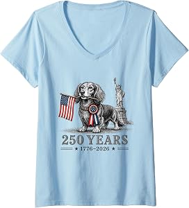 Women's Long Haired Dachshund American Flag 250 Years Fourth of July V-Neck T-Shirt
