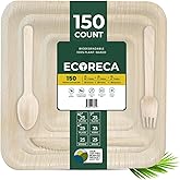 ECORECA 150-Piece Biodegradable Palm Leaf Dinnerware Set | 10", 7", 4” Inch Square Plates |Eco-Friendly Disposable Plates & Cutlery for 25 Guests Forks, Knives & Spoons for Wedding, Parties, BBQ