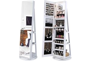 COSTWAY 360° Rotating Mirror Jewelry Armoire, Freestanding Jewelry Organizer w/ 3-Color Lights, Full-length Mirror with Jewel