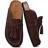 Suede Clogs for Women Genuine Leather Mules with Tassel Fringe Comfort Cork Footbed Women's Slip On Casual Shoes Closed Round Toe Slides with Arch Support