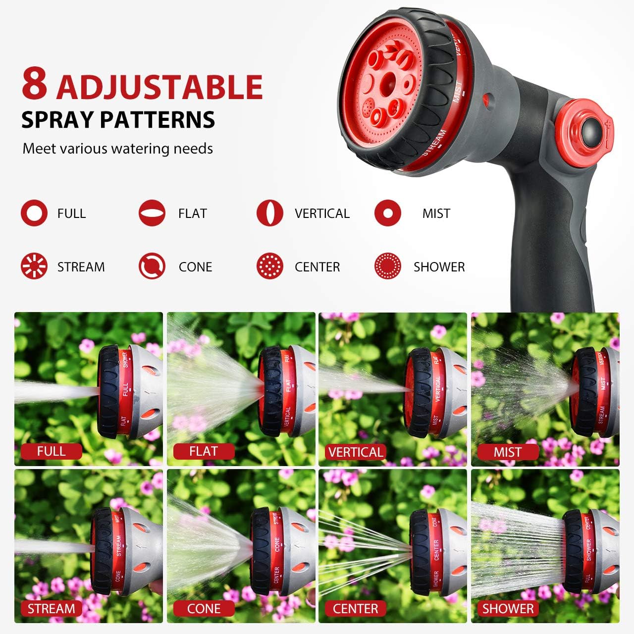 Homitt Garden Hose Nozzle One-Piece, 8 Spray Patterns Hose Nozzle, Easy Thumb Up Control Open and Adjust Plenty Water, High Pressure Water Hose Nozzle for Garden, Pet, Plant, 4PCS Washers, 175 psi : Garden & Outdoor