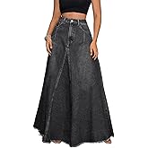 ebossy Women's Retro Distressed High Waist Frayed Hem A Line Wash Maxi Long Denim Skirt with Pockets