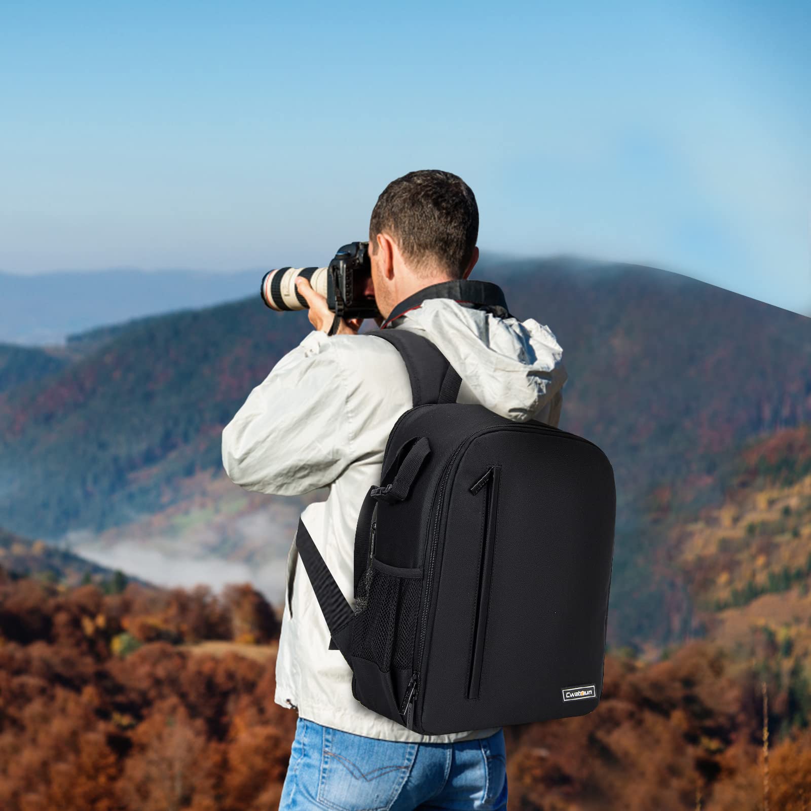 Cwatcun Camera Backpack with Extra Storage, DSLR SLR Water Resistant Camera Bag with 15.6