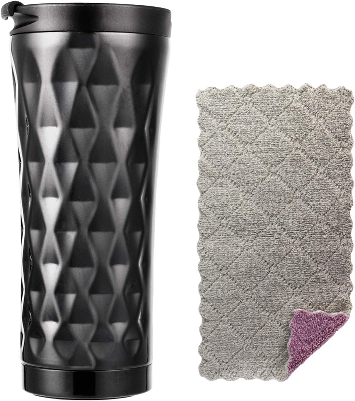 Black Travel Coffee Mugs & Dishcloth, 500ml Stainless Double Walled Vacuum Insulated Cup Reusable