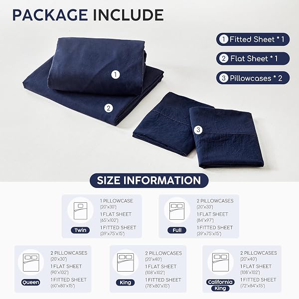 TOKOKIMO KING SHEET SET 4 PIECE, SUPER SOFT WASHED COTTON-LINEN FEEL MICROFIBER, 16″ DEEP POCKET FITTED SHEET, 1 FLAT SHEET, 2 PILLOWCASES, BREATHABLE BED SHEETS, NAVY BLUE