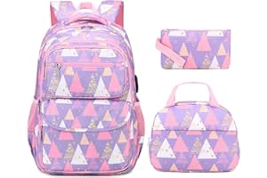 Bevalsa Backpack for Gilrs, Purple School Bags for Kids with Lunch Bag and Pen Case, Bookbag for Girls Children Teens for Elementary Middle school with USB Charging Port