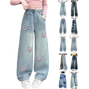 CSVBVSQ Baggy Jeans For Girls High Waist Wide Leg Denim Pants Cute Embroidery Teen Clothes Y2k Teens Trousers With Pockets