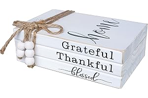 LIVDUCOT Wooden Farmhouse Decor Book Stack | Faux Book Stacks | Set of 3 Stacked Books for Coffee Tables Book Shelf Decor | Grateful Thankful Blessed Home Sign 7'x 5.5'x 2.5'