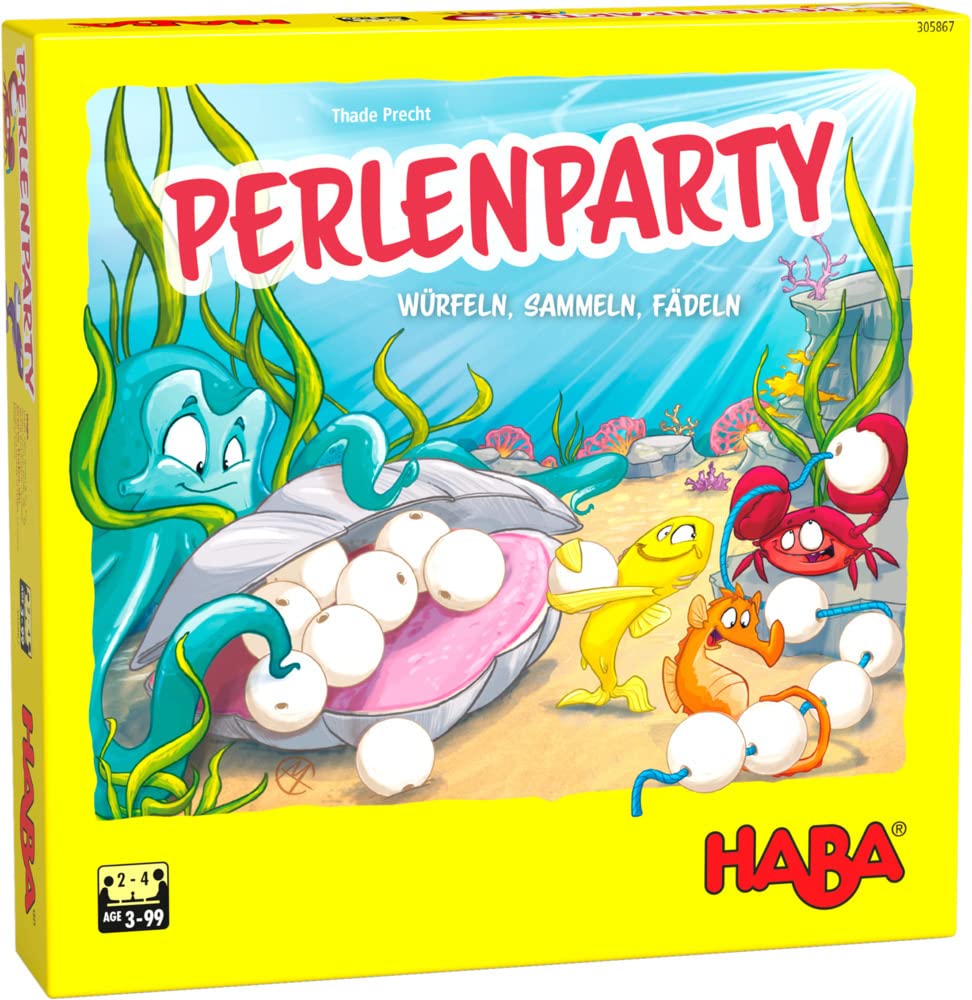 HABA 305867 Pearl Party- A pearly collecting and threading game for 2 to 4 players ages 3 years and up- English Instructions