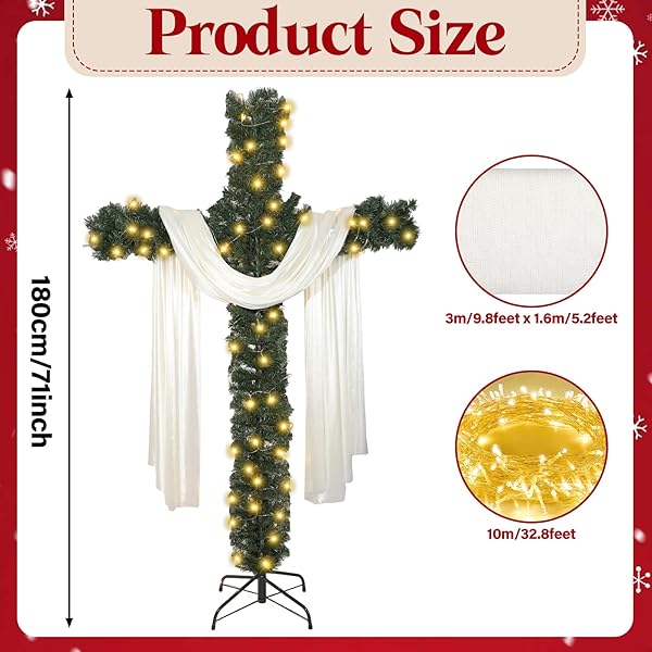 6FT ARTIFICIAL CHRISTMAS CROSS TREE WITH A STRING LIGHTS AND A WHITE SILK SCARF CHRISTMAS EASTER DECORATIONS JESUS CHRIST CATHOLIC CROSS DECOR HE IS RISEN DECORATIVE CROSS TREE FOR OUTDOOR HOME DECOR