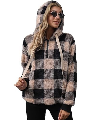 ReachMe Womens Oversized Sherpa Hoodie with Pockets Plaid Fleece