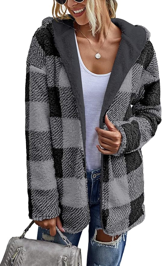 ReachMe Womens Open Front Sherpa Cardigan Reversible Plaid Sherpa