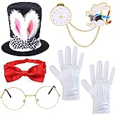 Yewong Easter White Rabbit Costume - Mad Hatter Dress Up Accessory - Bunny Rabbits Ears Topper Plush Hat Clock Glasses Bowtie Gloves