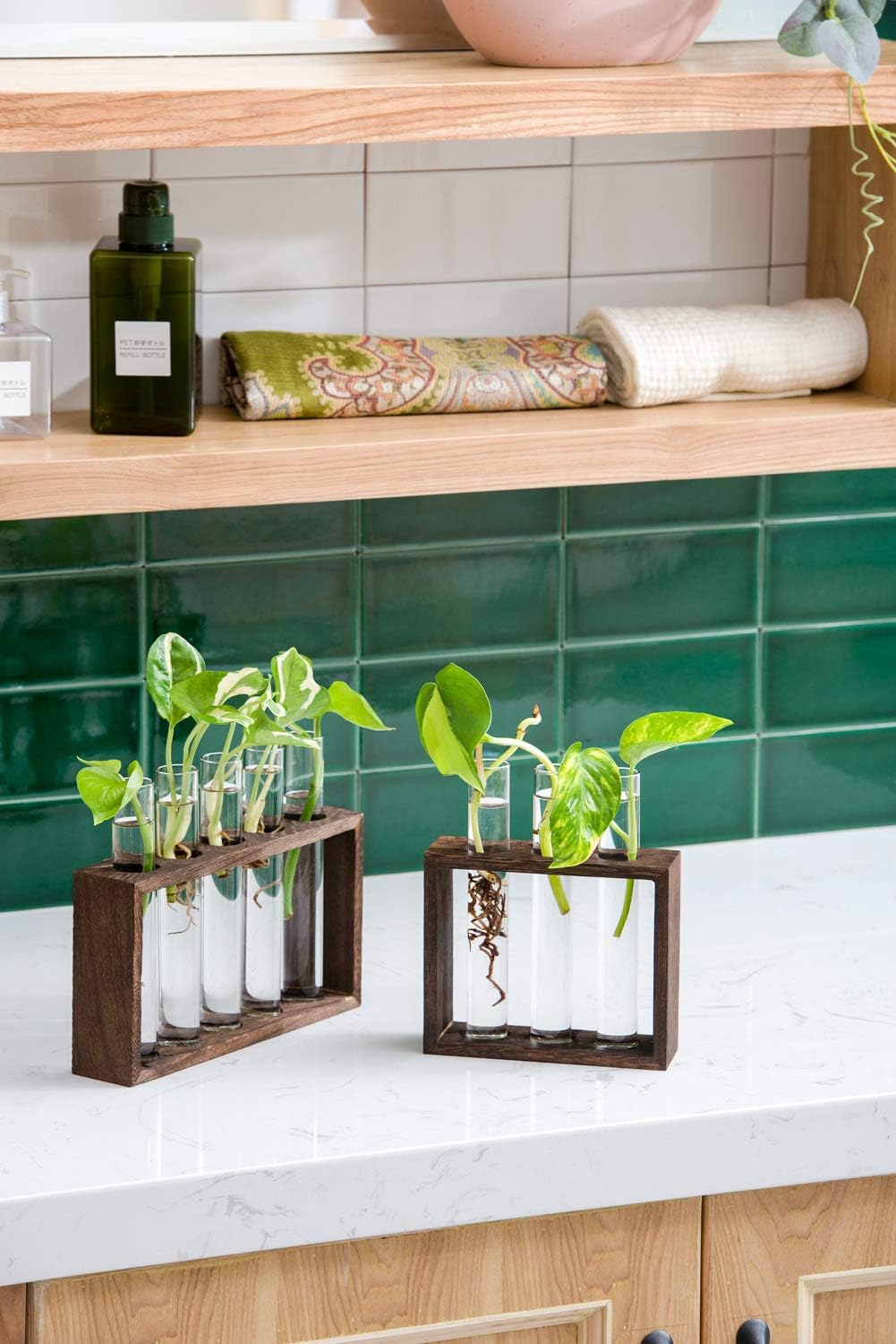Mkono Wall Hanging Glass Planter Propagation Station Modern Flower Bud Vase in Wood Stand Rack Tabletop Terrarium for Hydroponics Plants, Home Office Decoration with 5 Test Tube, Medium, Brown: Garden & Outdoor